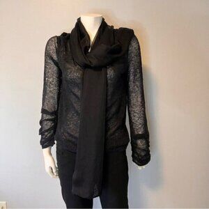 Valentino, Milli luxury Designer Black Sheer Long Sleeves Top with Scarf Size L